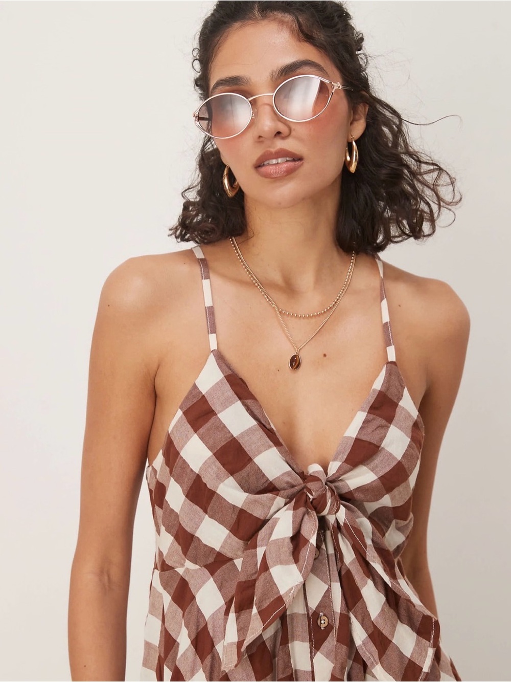 Free People Brown and White Gingham Tie-Front Midi Dress - Picture 2 of 4